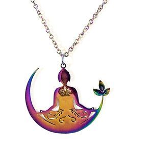 2/$20 YOGA YOGI MEDITATION POSE LARGE IRIDESCENT STAINLESS STEEL  NECKLACE